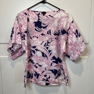Talbots Women's Small Floral Print Pink‎ White Blue 55% Silk 45% Cotton Top